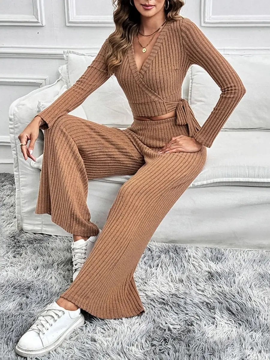 Perfee Surplice Long Sleeve Top and Pants Set - Love Salve